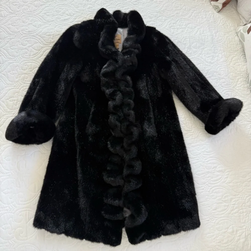 Dennis Basso Luxurious Black Faux Fur Mink Coat Shawl Collar Women’s Medium NWOT - Picture 2 of 14